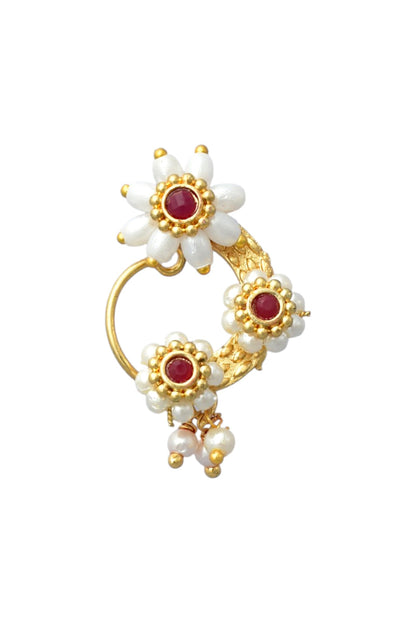 Red Maharashtrian Non Piercing Stud Nose Pin for Women and Girls
