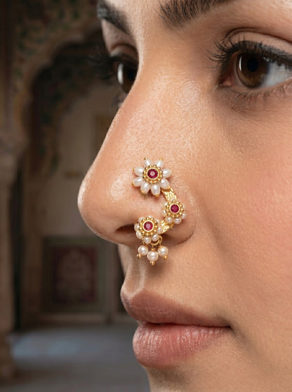 Red Maharashtrian Non Piercing Stud Nose Pin for Women and Girls