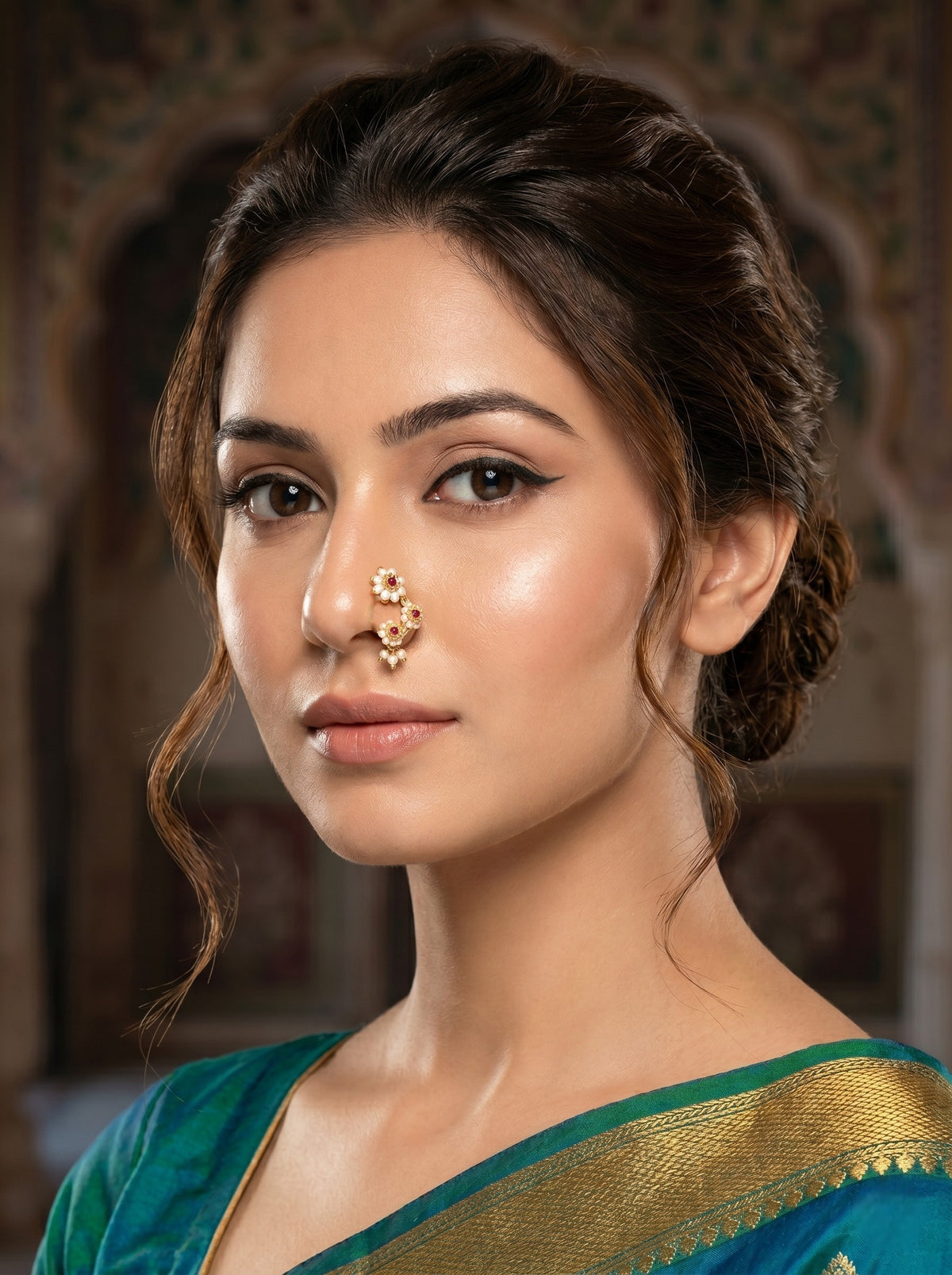 Red Maharashtrian Non Piercing Stud Nose Pin for Women and Girls