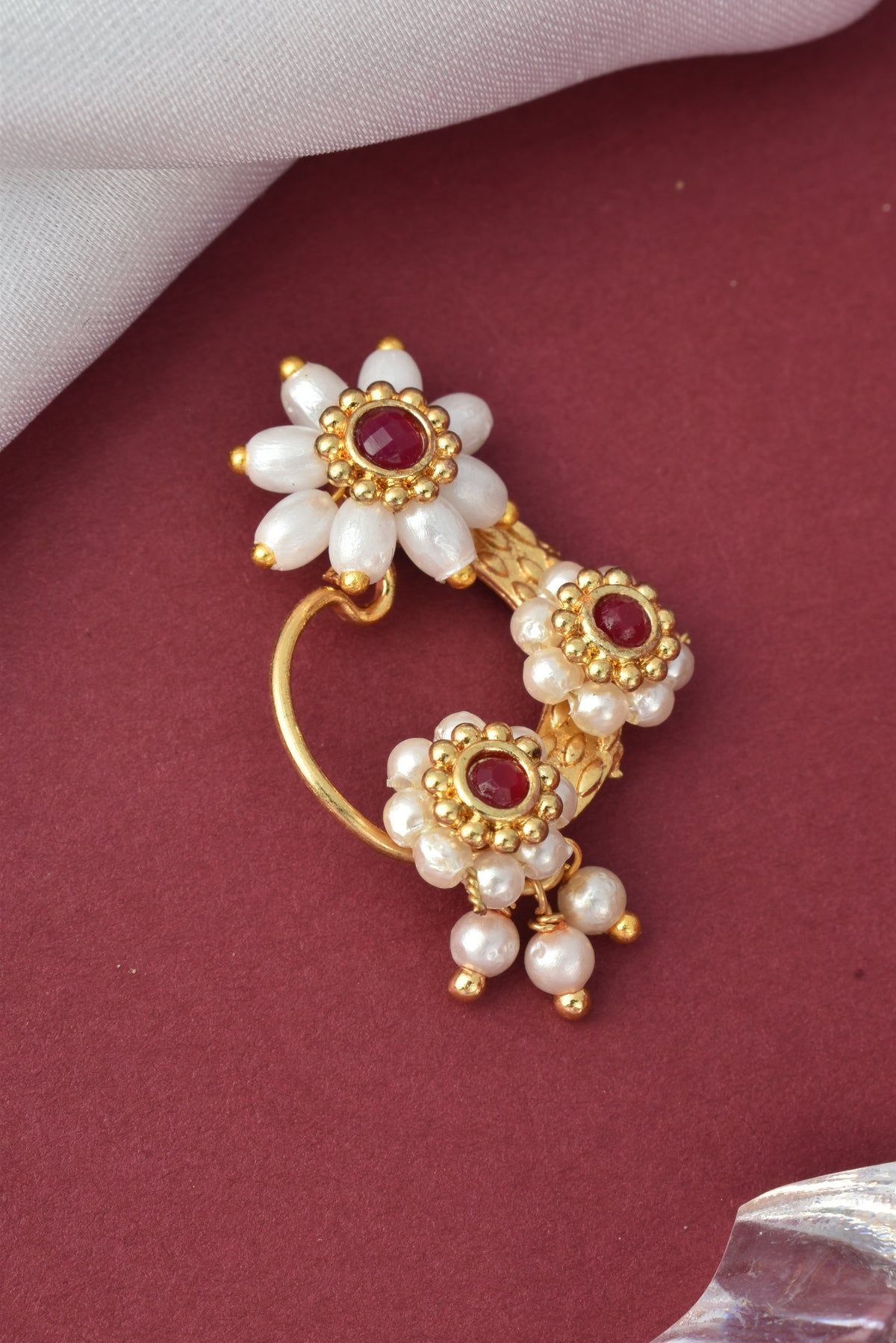 Red Maharashtrian Non Piercing Stud Nose Pin for Women and Girls