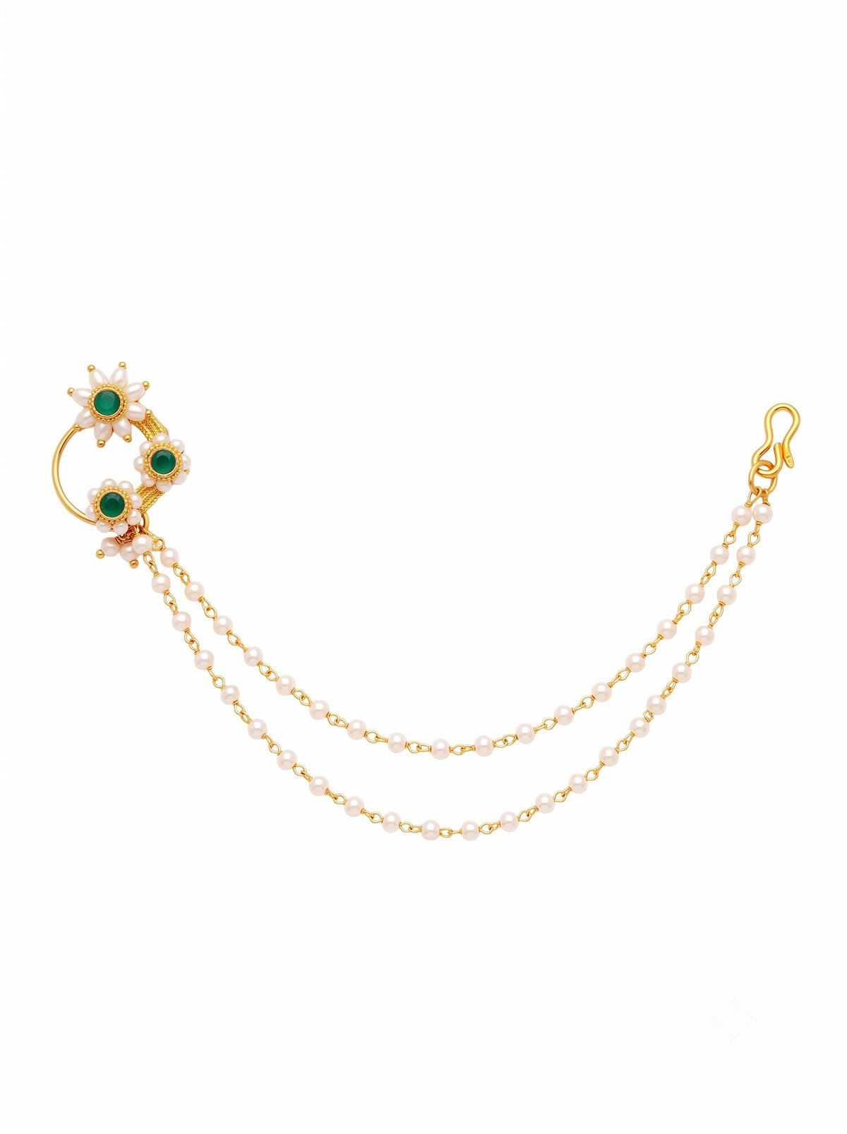 Green Stone Pearl Maharashtrian Nose Pin with 2 Layer Pearl Chain