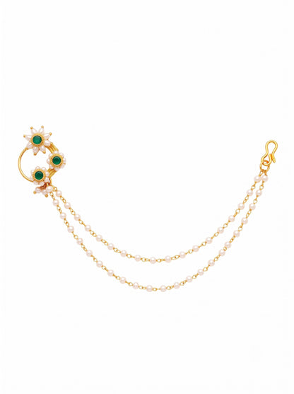 Green Stone Pearl Maharashtrian Nose Pin with 2 Layer Pearl Chain