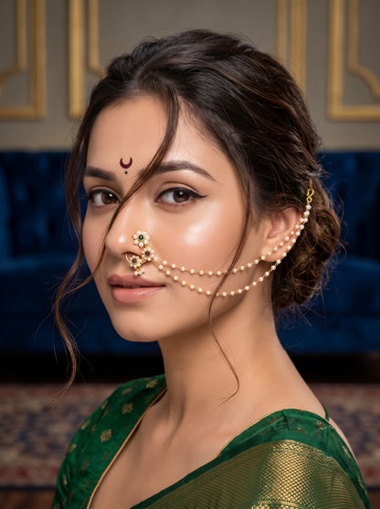 Green Stone Pearl Maharashtrian Nose Pin with 2 Layer Pearl Chain