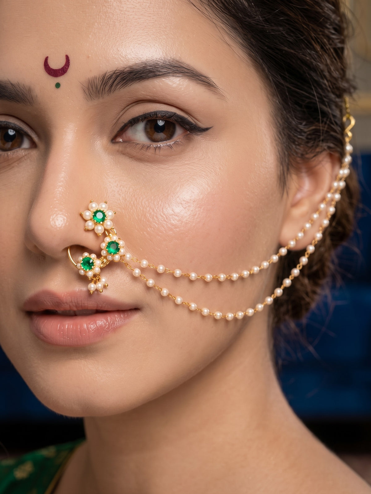 Green Stone Pearl Maharashtrian Nose Pin with 2 Layer Pearl Chain