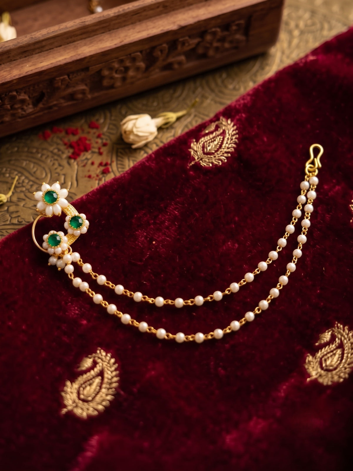 Green Stone Pearl Maharashtrian Nose Pin with 2 Layer Pearl Chain