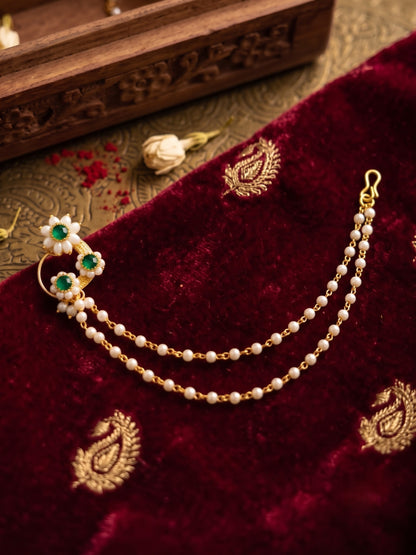 Green Stone Pearl Maharashtrian Nose Pin with 2 Layer Pearl Chain