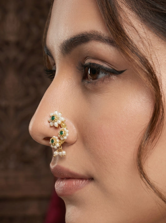Green Maharashtrian Non Piercing Stud Nose Pin for Women and Girls