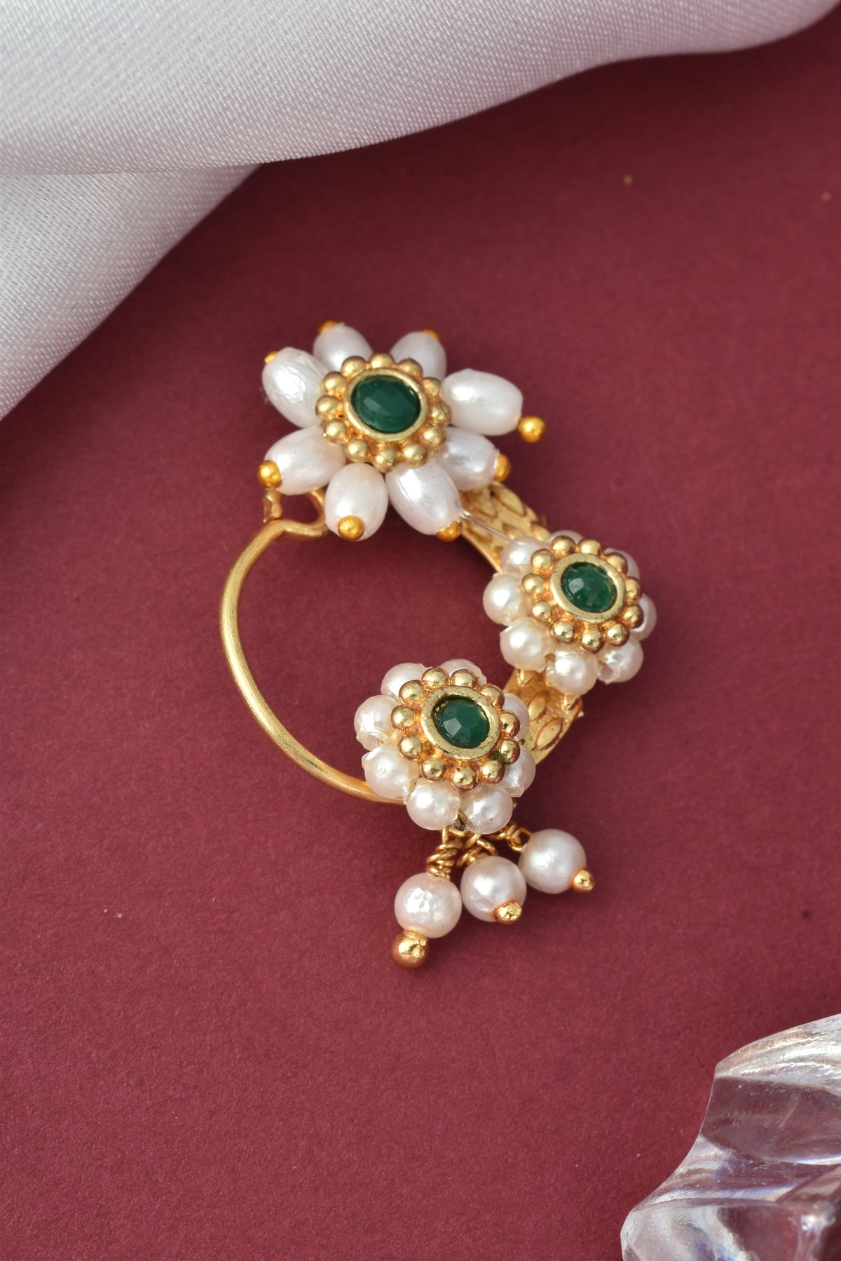 Green Maharashtrian Non Piercing Stud Nose Pin for Women and Girls