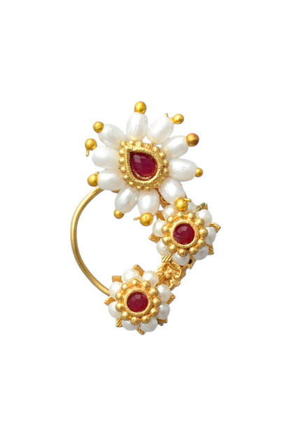 Red Maharashtrian Style Non Piercing Stud Nose Pin for Women & Girls