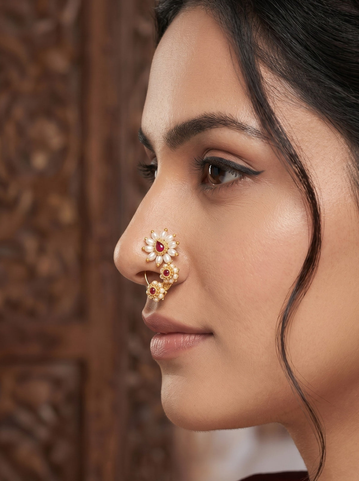Red Maharashtrian Style Non Piercing Stud Nose Pin for Women & Girls
