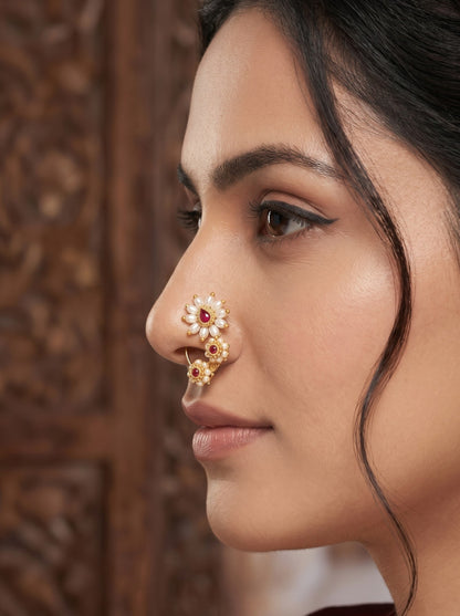Red Maharashtrian Style Non Piercing Stud Nose Pin for Women & Girls