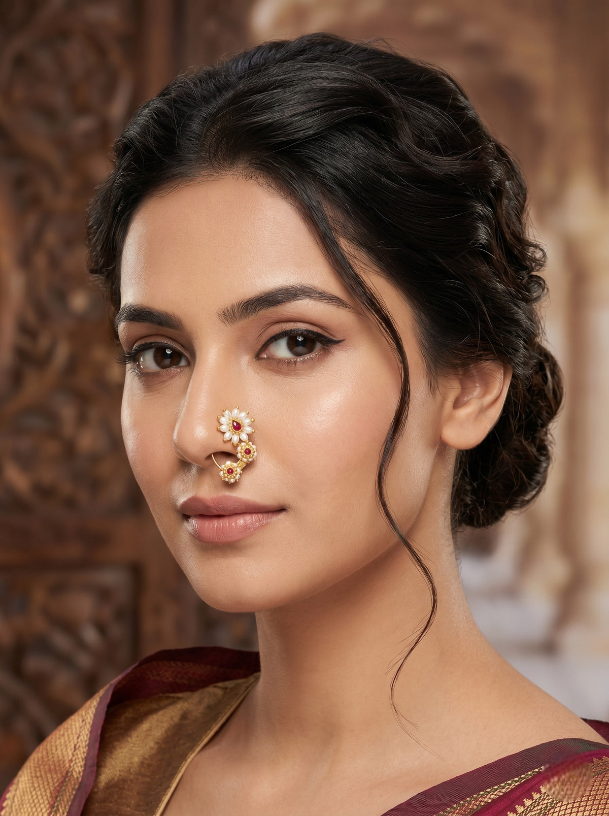 Red Maharashtrian Style Non Piercing Stud Nose Pin for Women & Girls