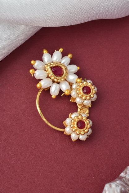 Red Maharashtrian Style Non Piercing Stud Nose Pin for Women & Girls