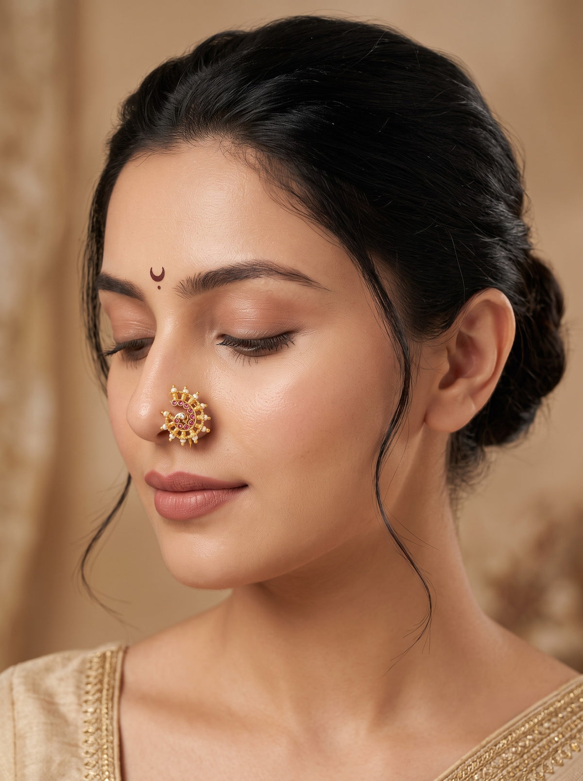 AD Stone Studded Maharashtrian Style Non Piercing Stud Nose Pin