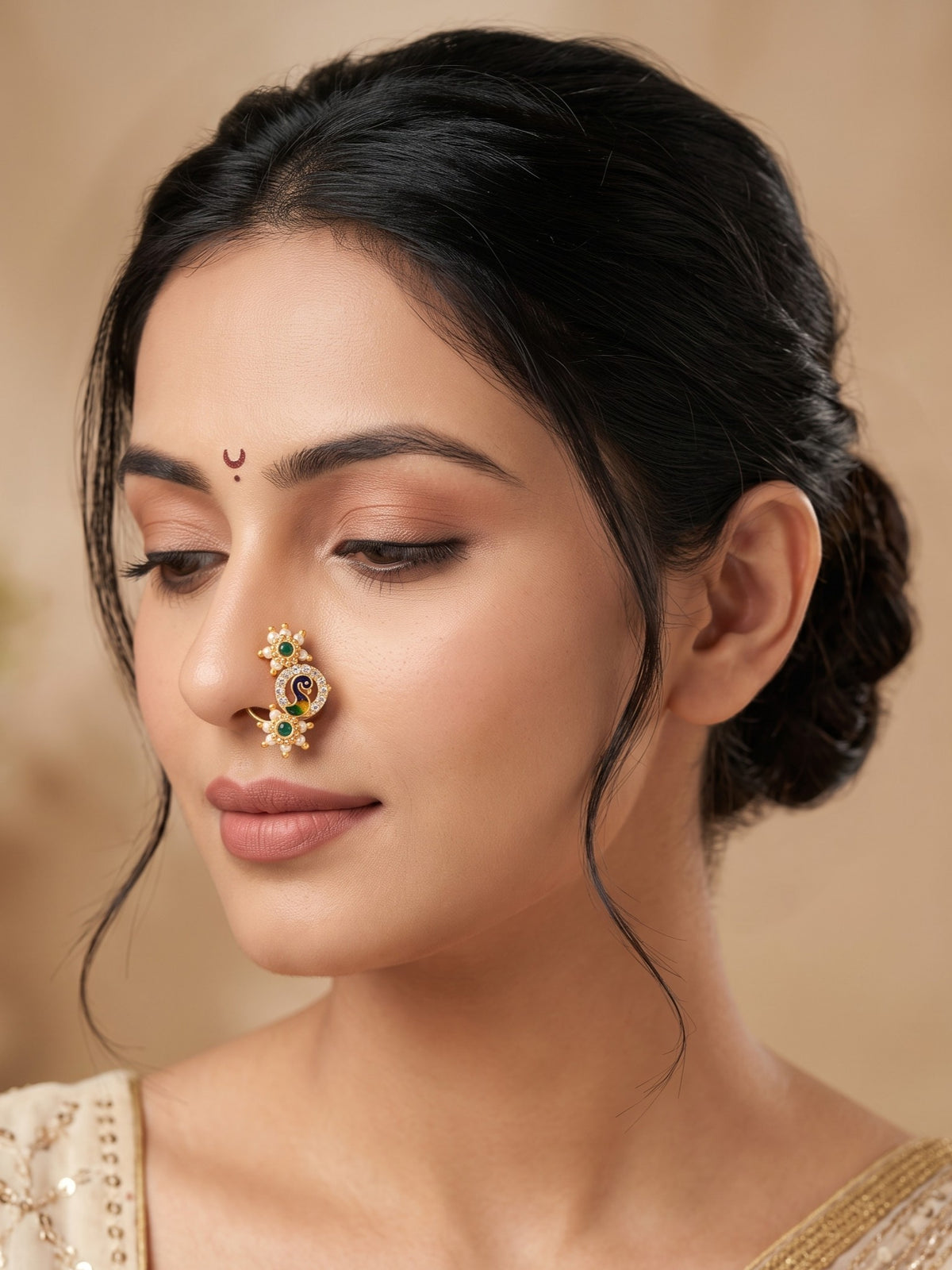 AD Stone Studded Maharashtrian Style Non Piercing Stud Nose Pin