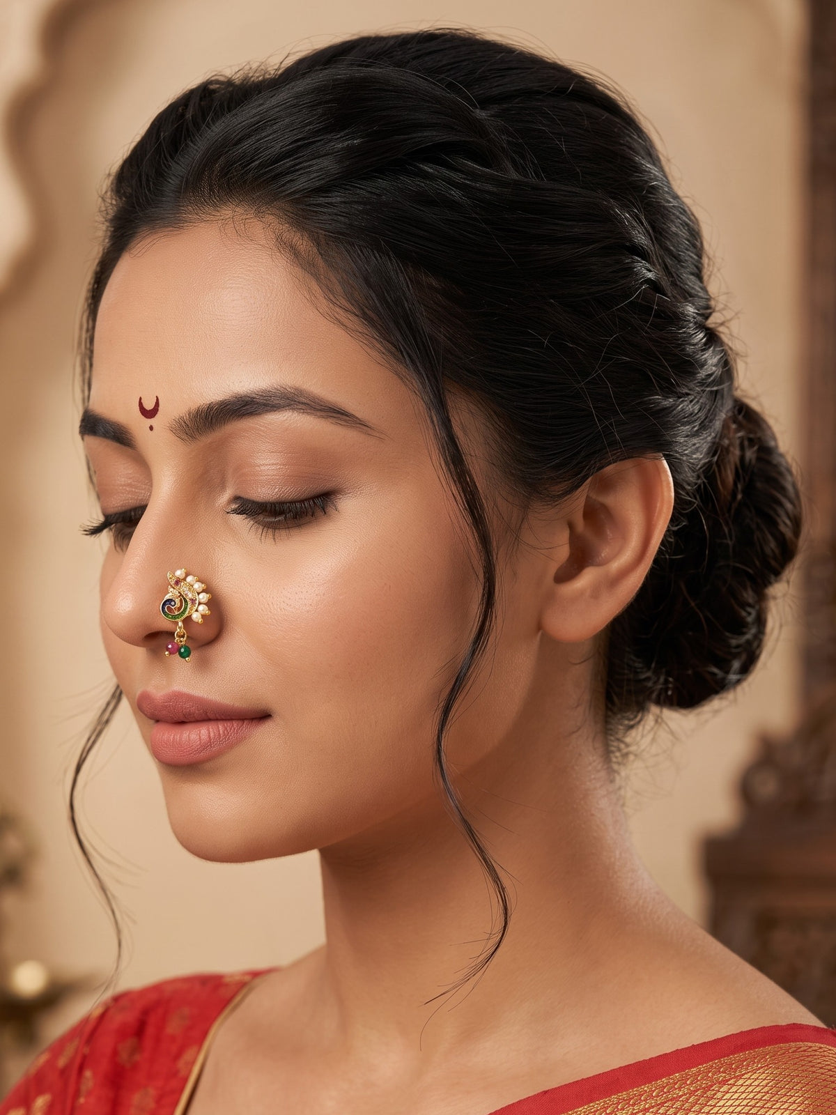 AD Stone Studded Maharashtrian Style Non Piercing Stud Nose Pin