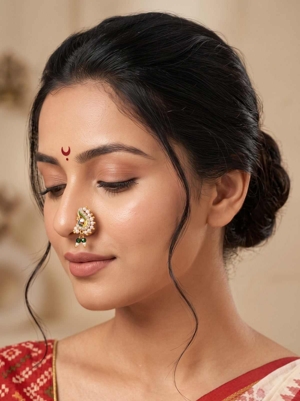 AD Stone Studded Maharashtrian Style Non Piercing Stud Nose Pin