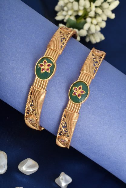 Premium Gold Finish Traditional Set of 2 Bangles for Women and Girls