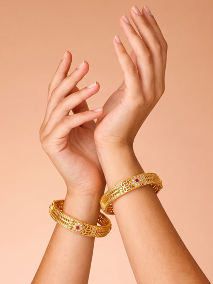 Premium Gold Finish Traditional Set of 2 Bangles for Women and Girls