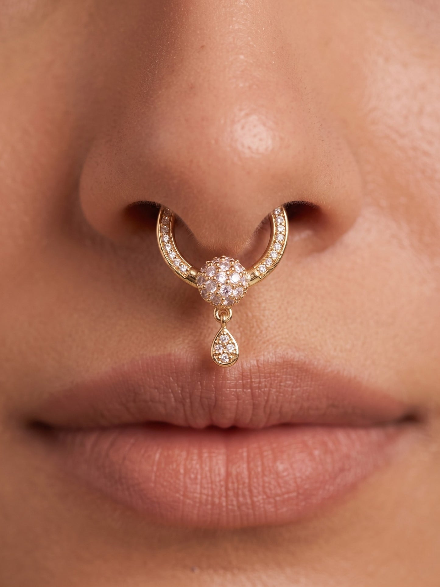 Gold-Toned Stone Studded Septum NonPiercing Nose Pin