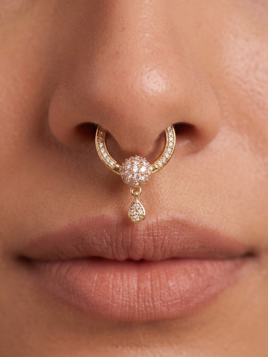 Gold-Toned Stone Studded Septum NonPiercing Nose Pin
