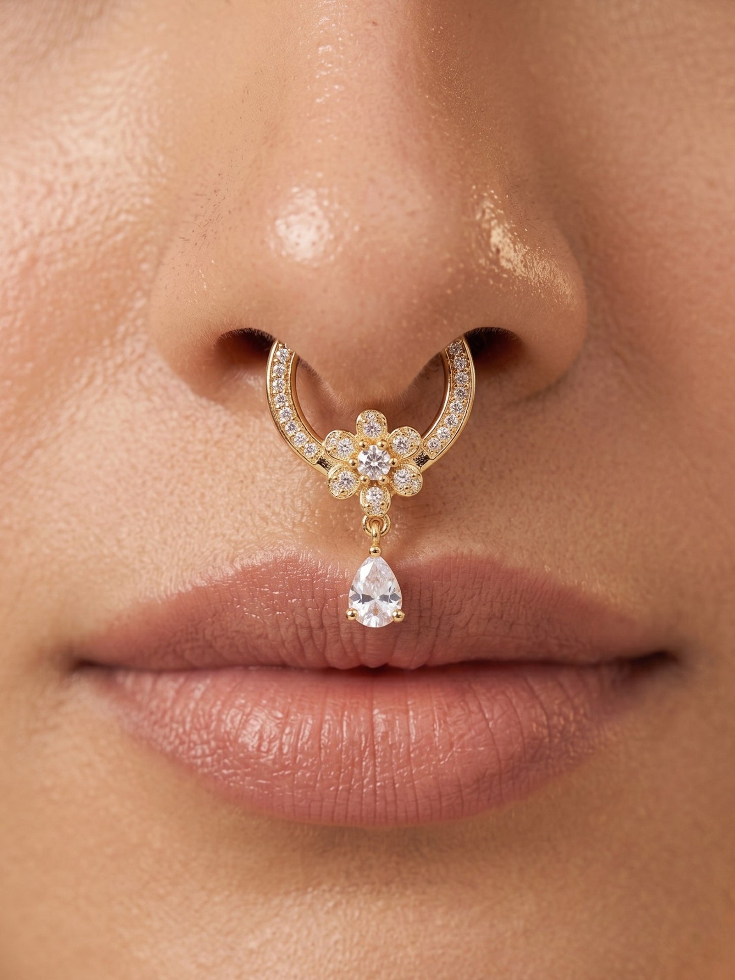 Gold-Toned Stone Studded Septum NonPiercing Nose Pin