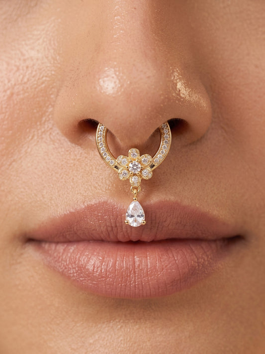 Gold-Toned Stone Studded Septum NonPiercing Nose Pin