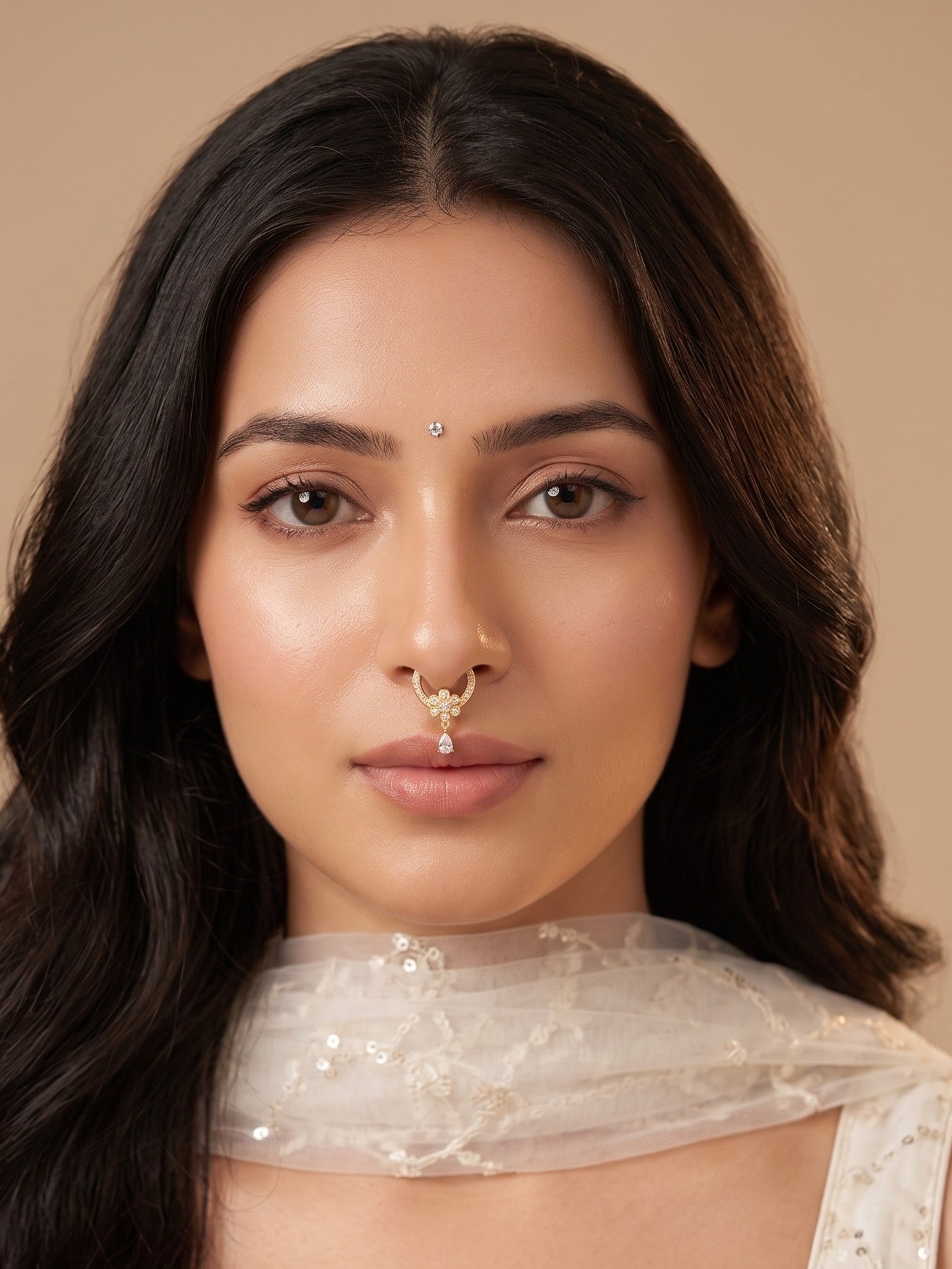 Gold-Toned Stone Studded Septum NonPiercing Nose Pin