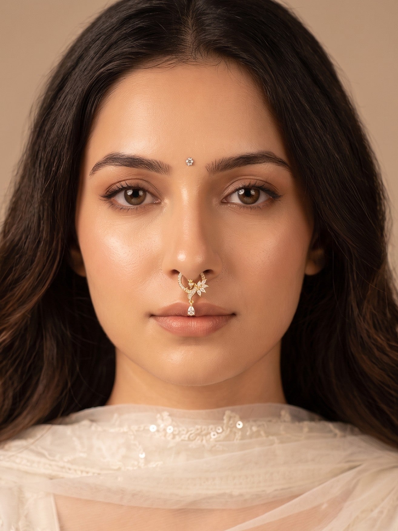 Gold-Toned Stone Studded Septum NonPiercing Nose Pin