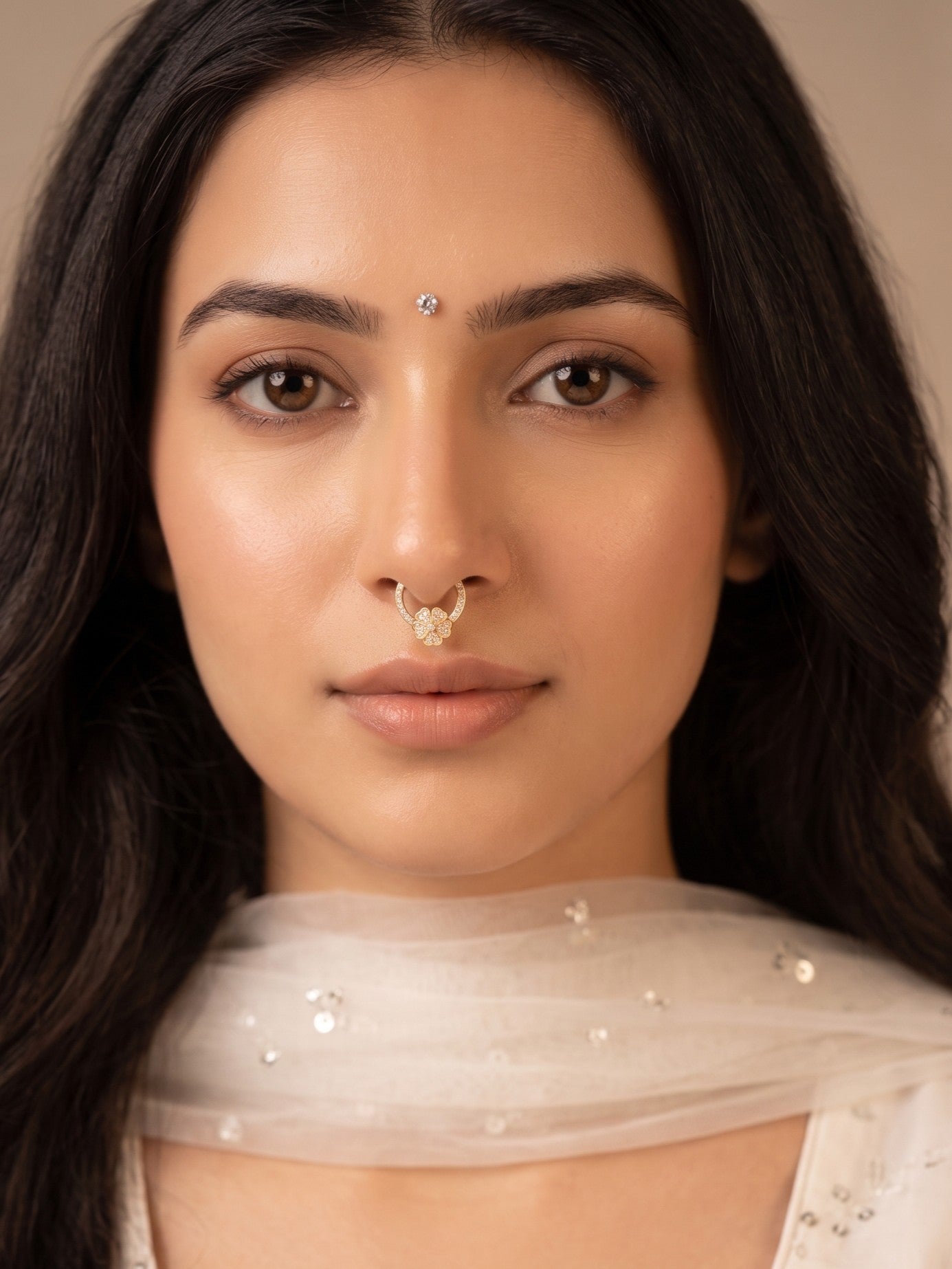 Gold-Toned Stone Studded Septum NonPiercing Nose Pin