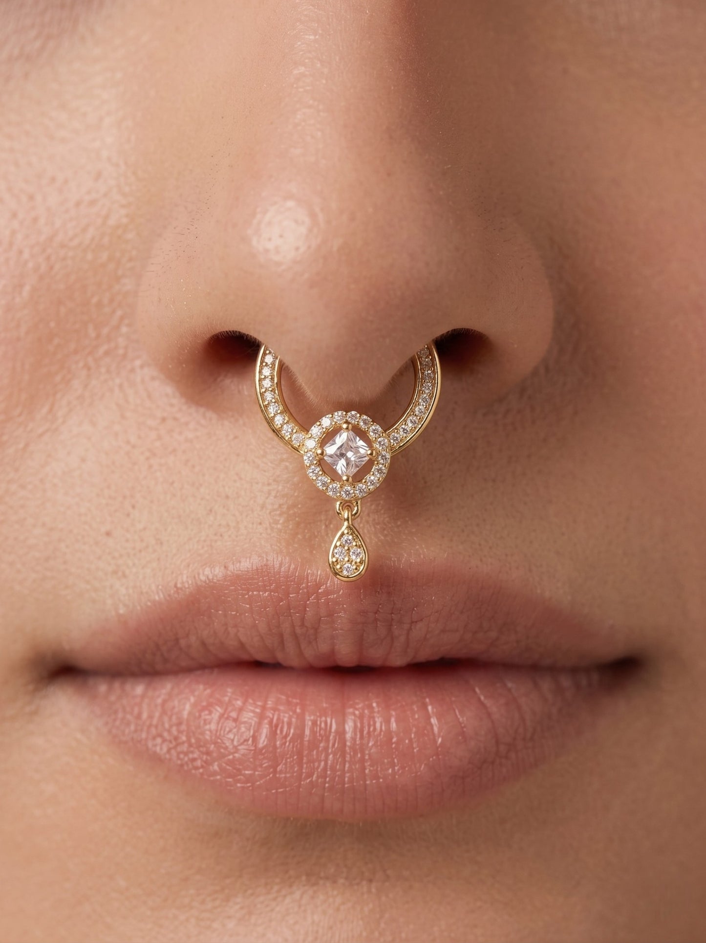 Gold-Toned Stone Studded Septum NonPiercing Nose Pin