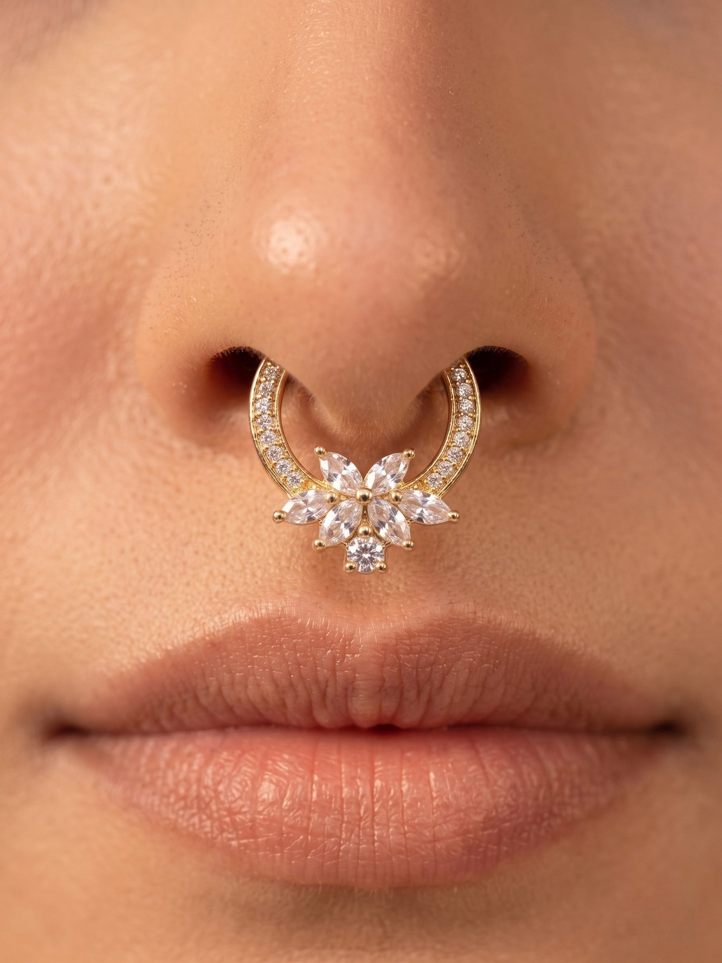 Gold-Toned Stone Studded Septum NonPiercing Nose Pin