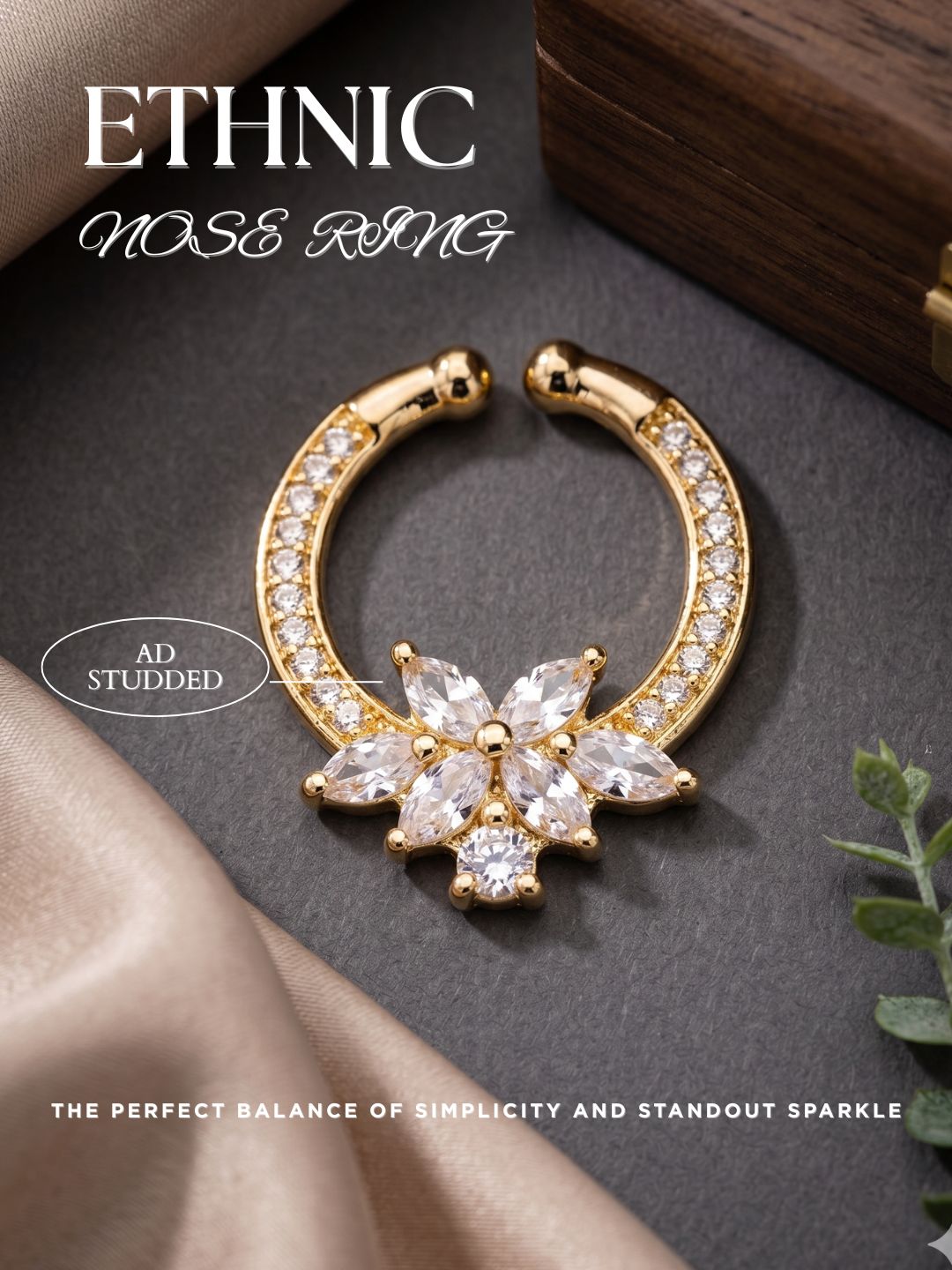 Gold-Toned Stone Studded Septum NonPiercing Nose Pin