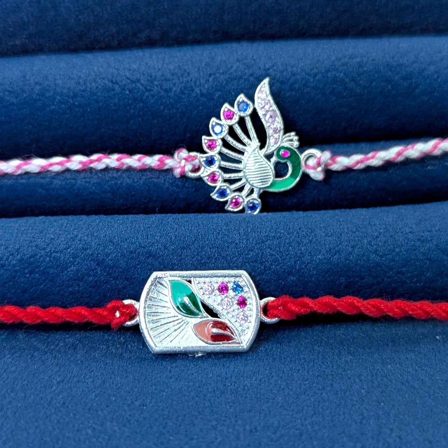 Peacock Design 925 Silver Bhaiya Bhabhi Rakhi  Set