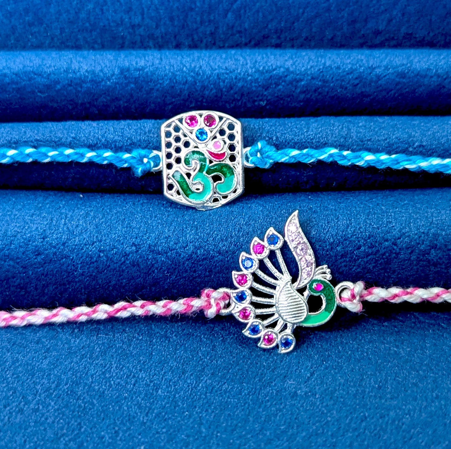 Om and Peacock Design 925 Silver Rakhi for Bhai Bhabhi