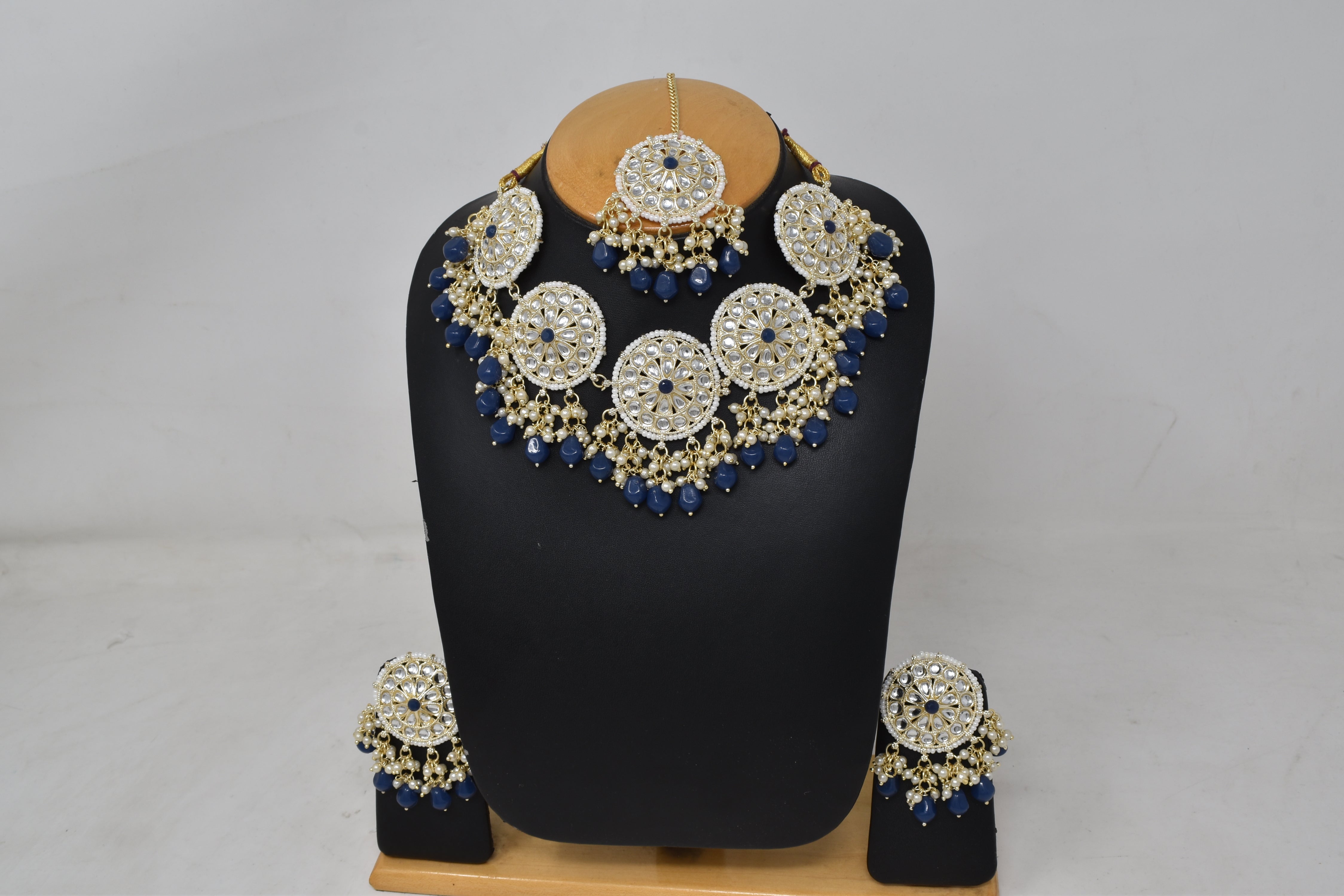 Alloy gold plated Blue kundan with jeko pearl necklace choker set for women n girls