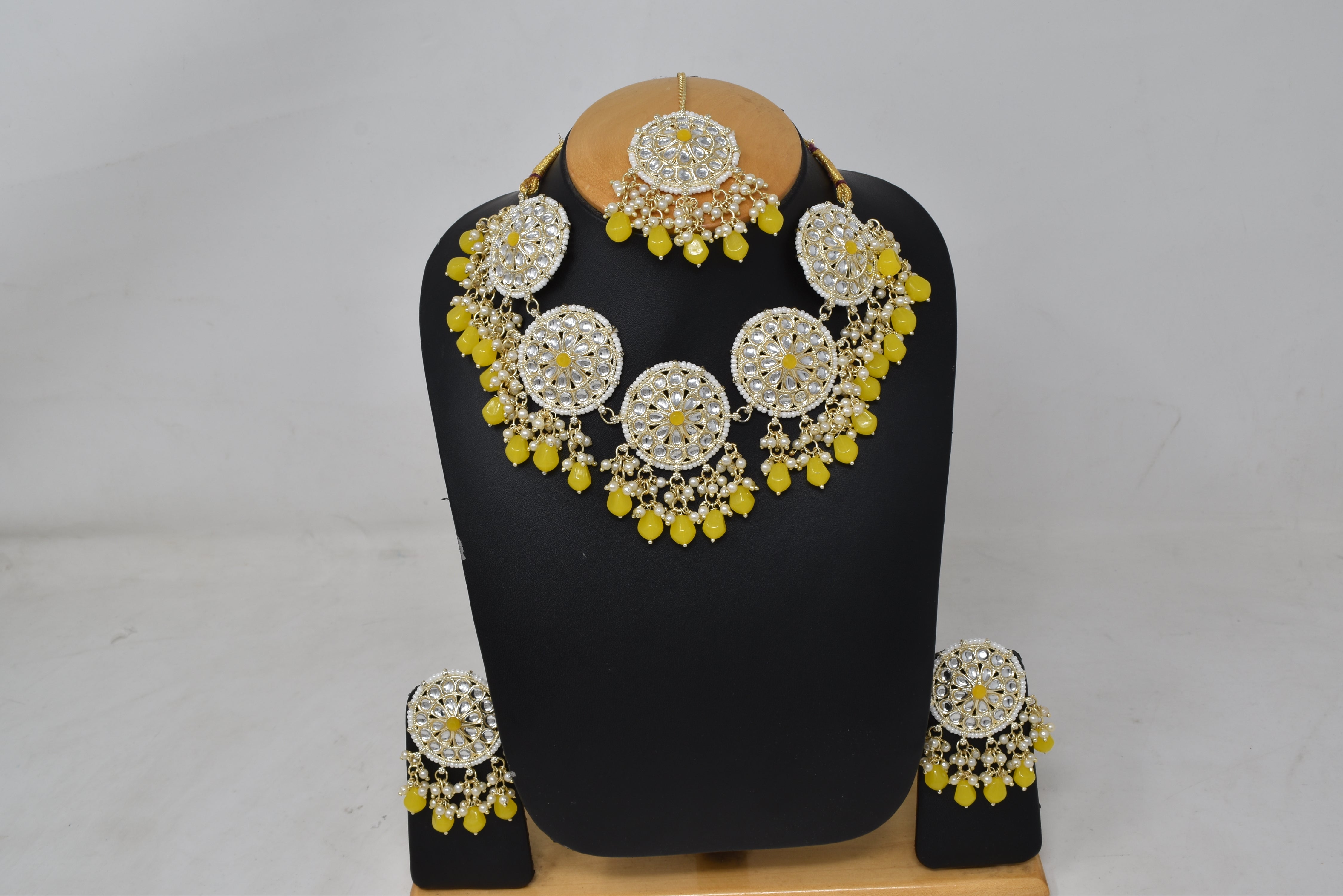 Alloy gold plated yellow kundan with jeko pearl necklace choker set for women n girls
