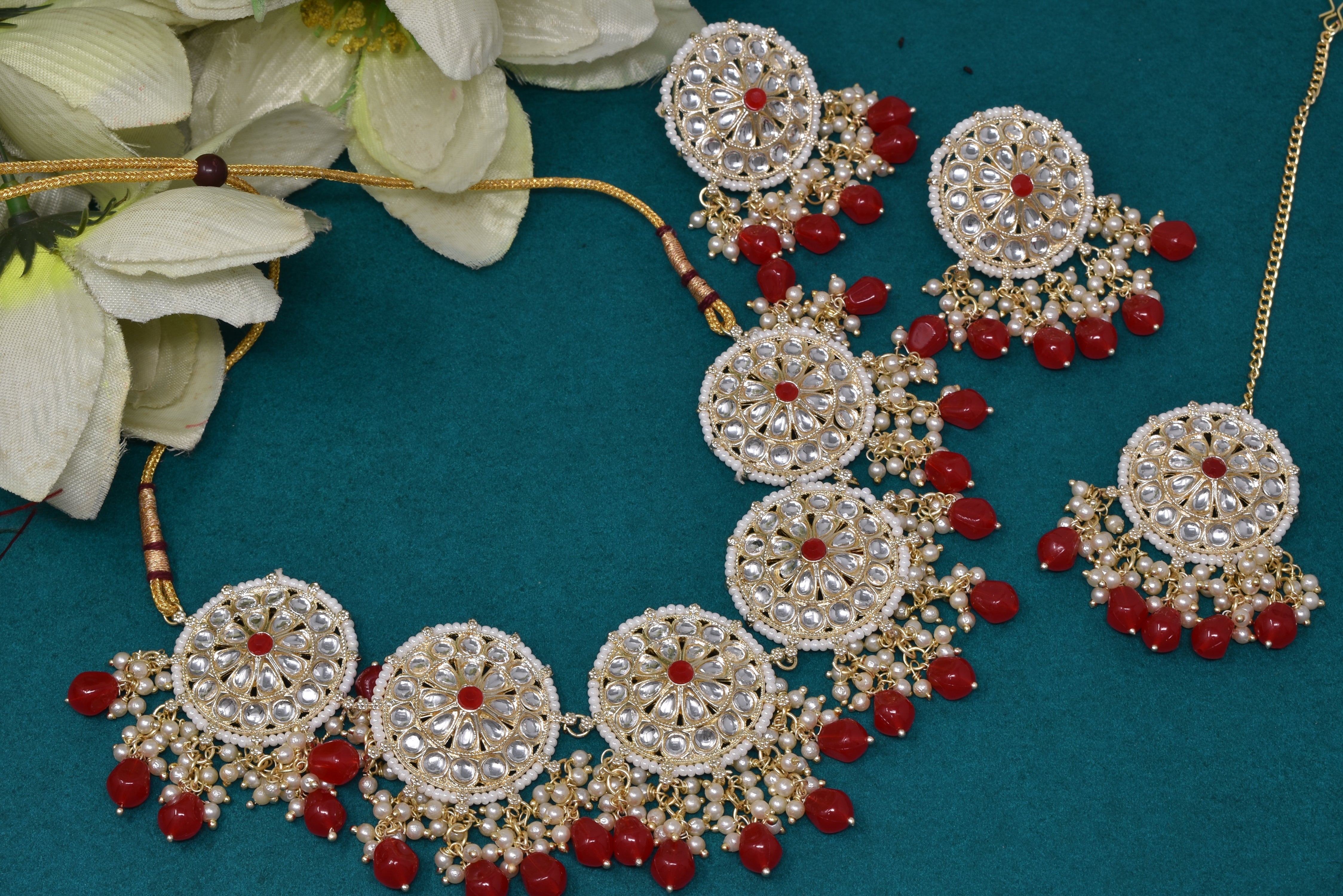 Alloy gold plated Red kundan with jeko pearl necklace choker set for women n girls