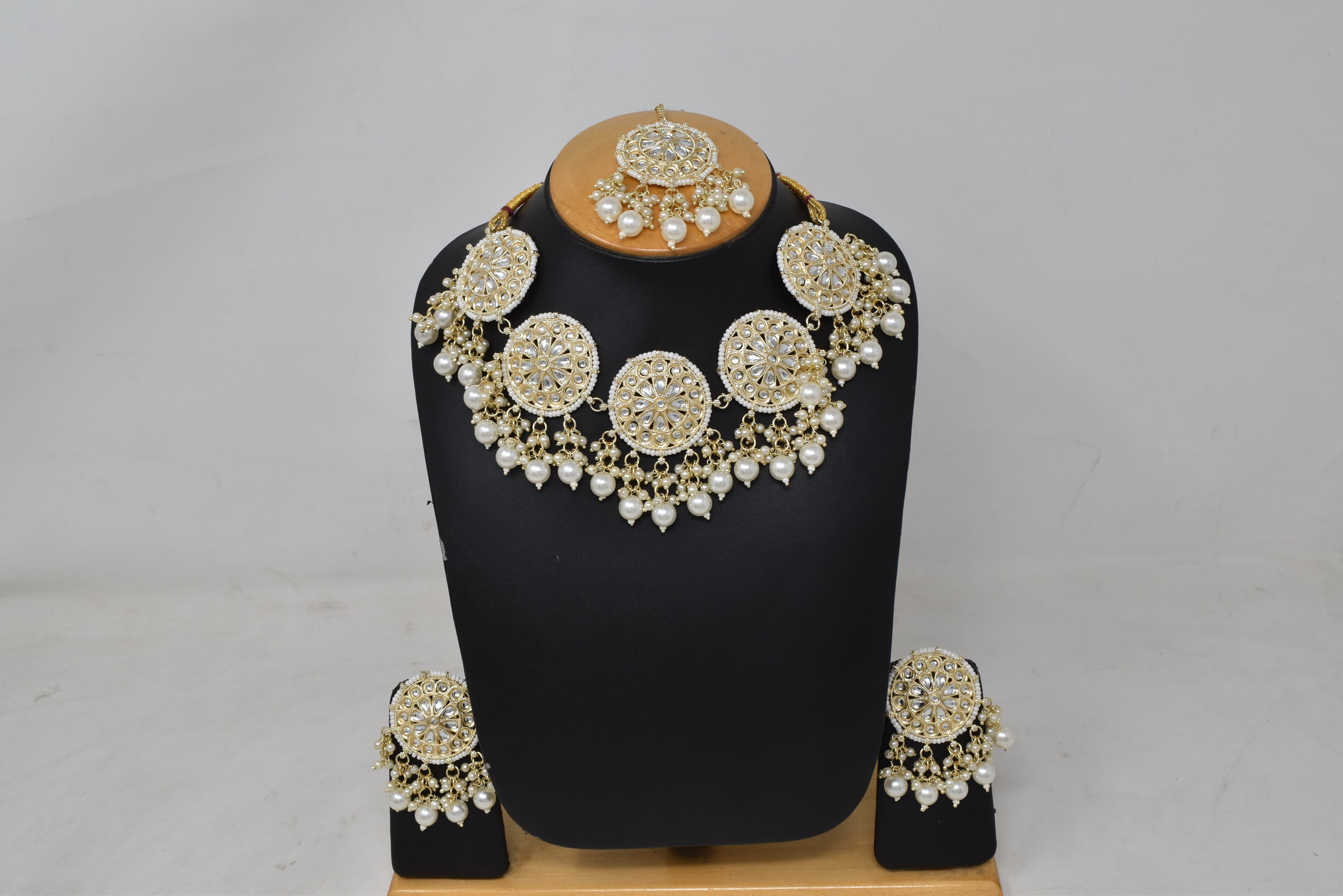 Alloy gold plated white kundan with jeko pearl necklace choker set for women n girls