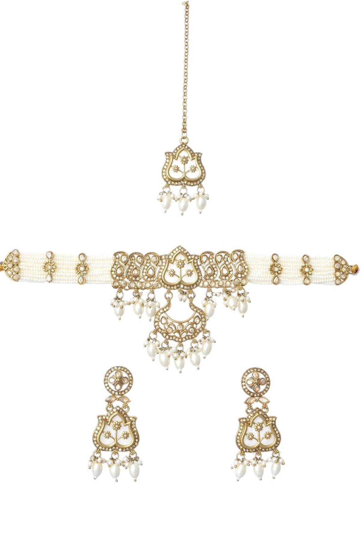 Kundan and Beaded Choker, Earring and Maang Tikka Jewellery Set for Women