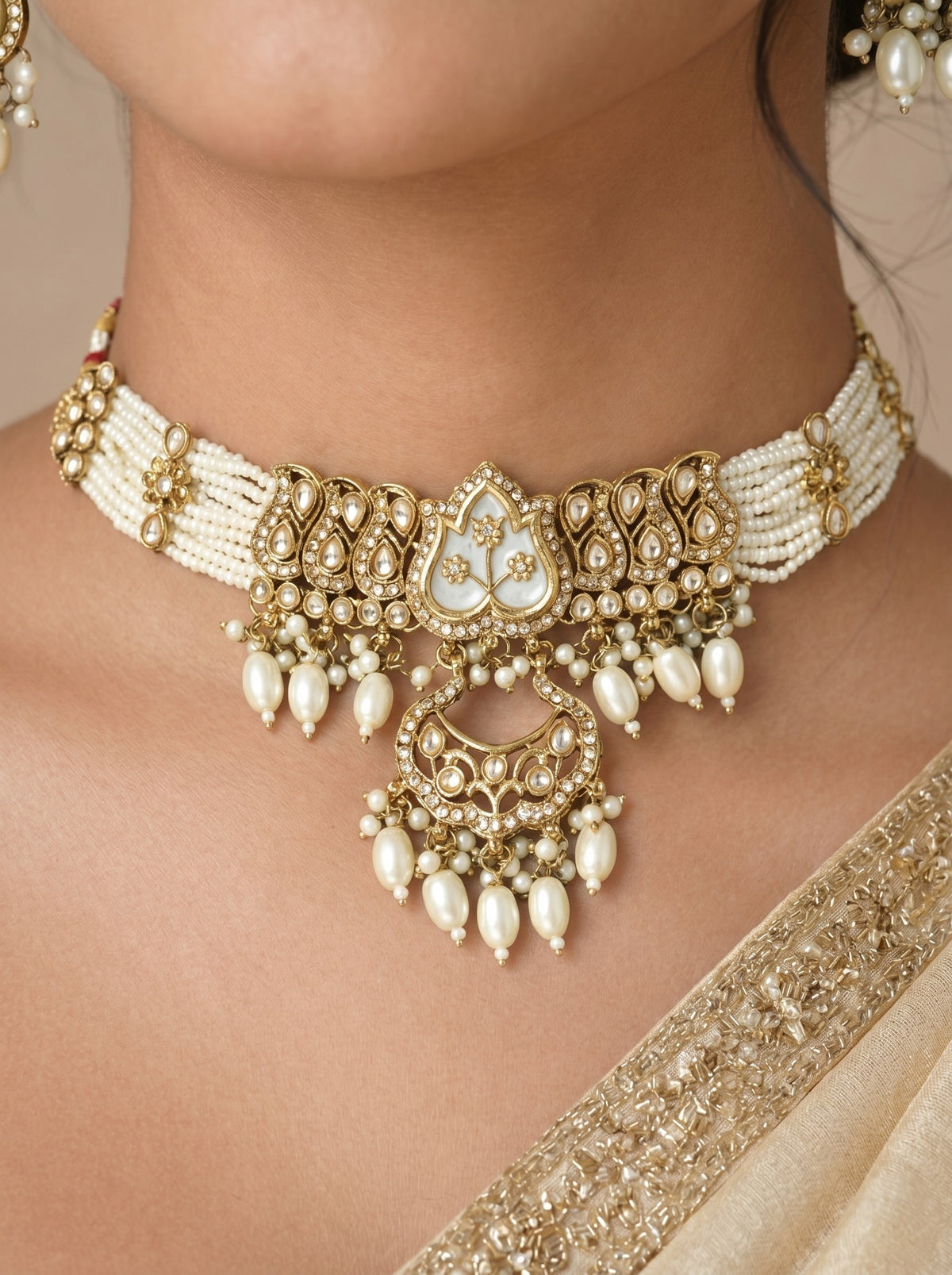 Kundan and Beaded Choker, Earring and Maang Tikka Jewellery Set for Women