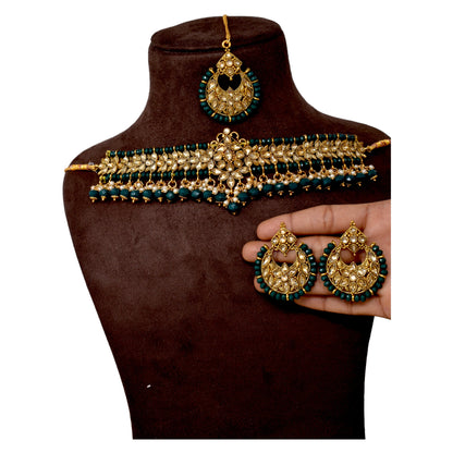 Alloy gold plated Jadau  kundan with Green pearl necklace choker set for women n girls