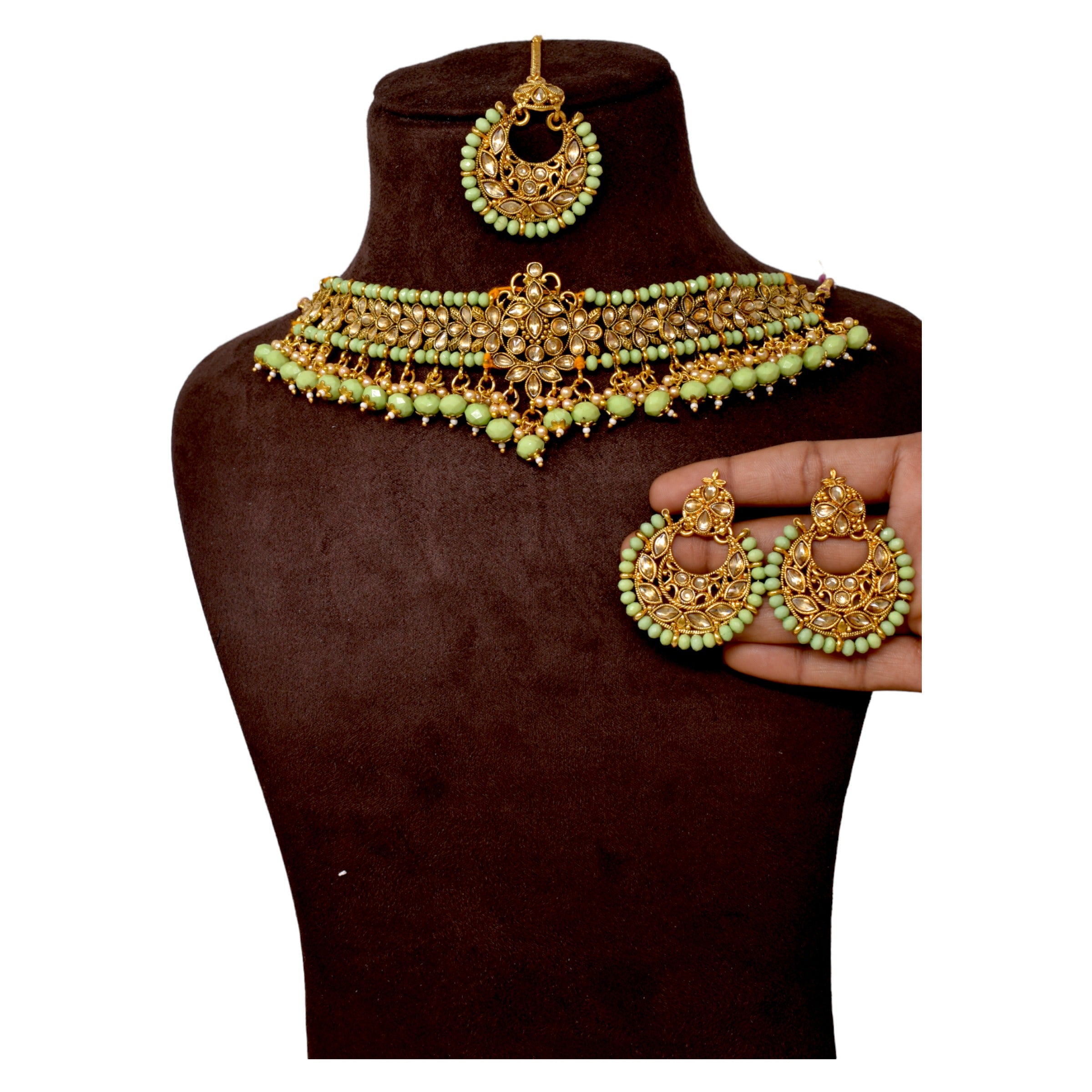 Alloy gold plated Jadau  kundan with Green pearl necklace choker set for women n girls