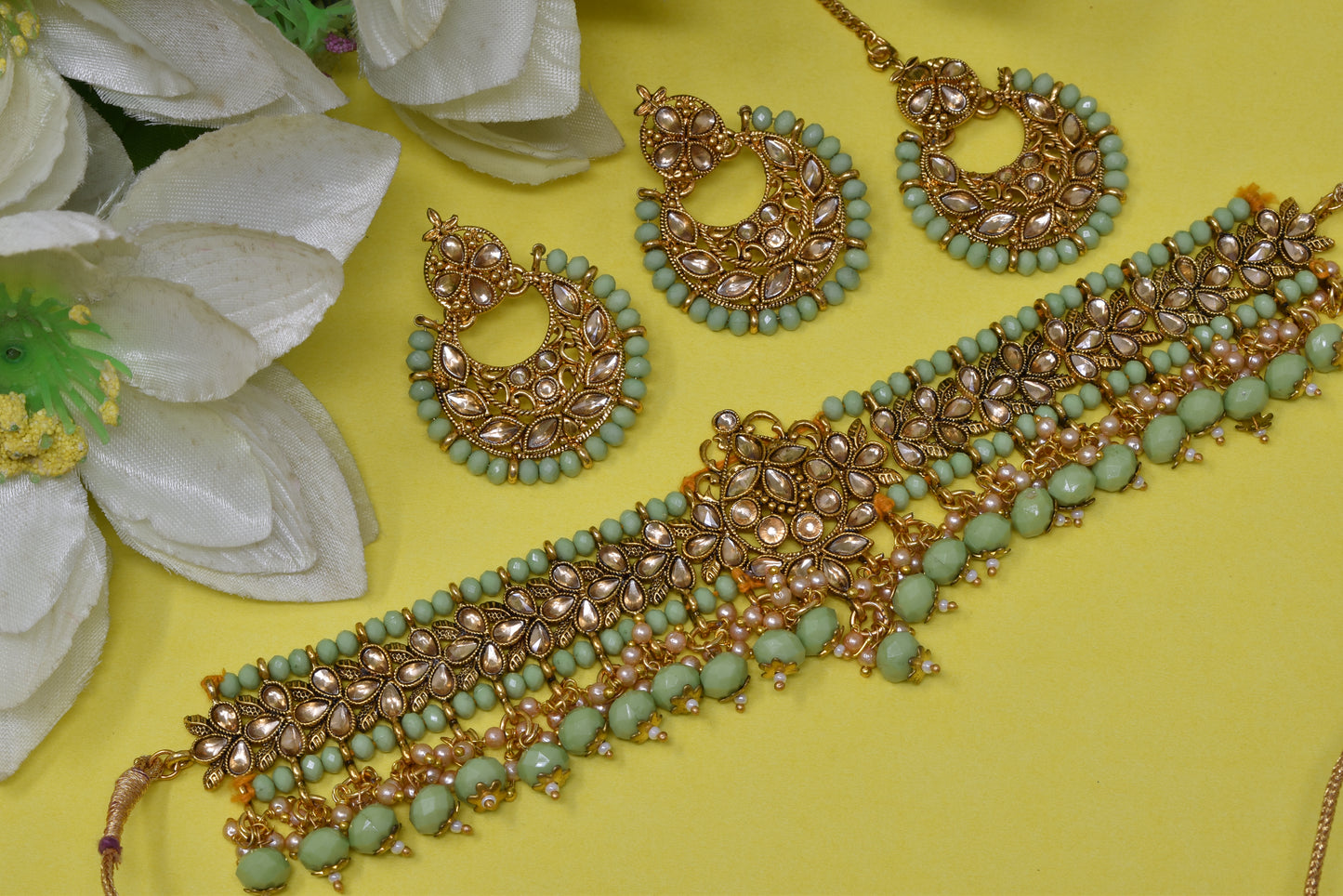 Alloy gold plated Jadau  kundan with Green pearl necklace choker set for women n girls