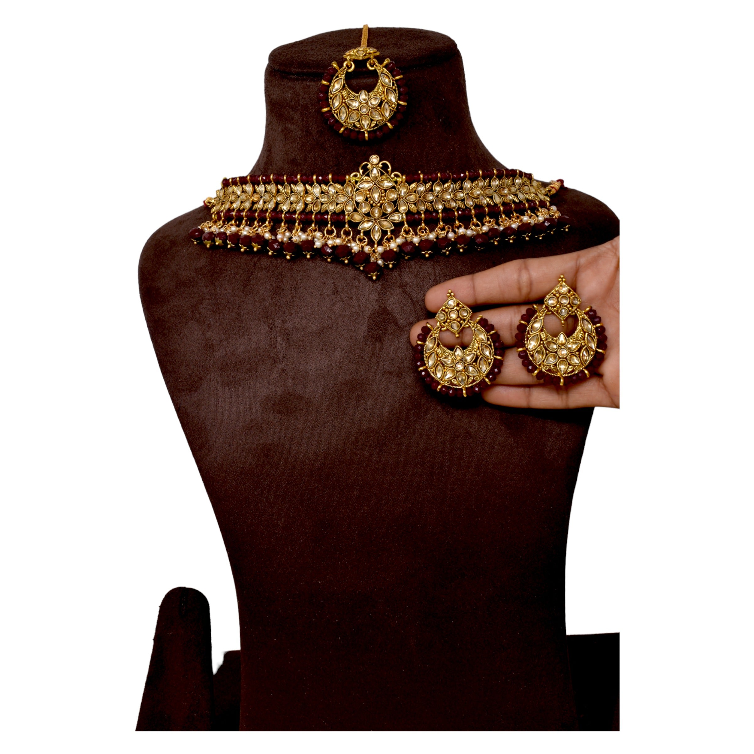 Alloy gold plated Jadau  kundan with Maroon pearl necklace choker set for women n girls