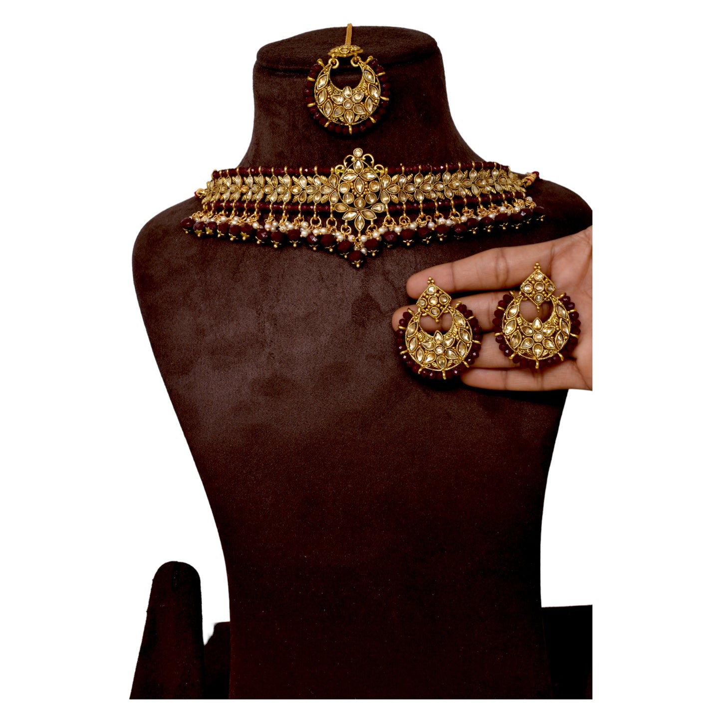 Alloy gold plated Jadau  kundan with Maroon pearl necklace choker set for women n girls