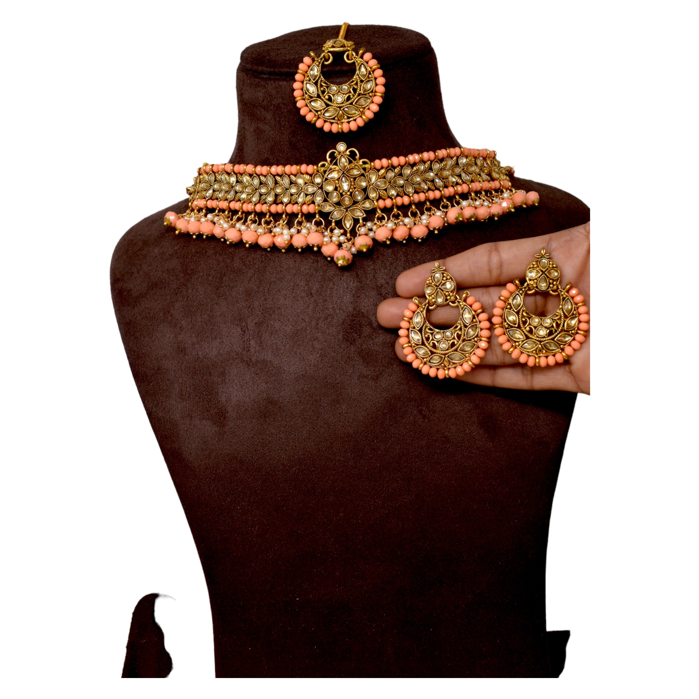 Alloy gold plated Jadau  kundan with Peach pearl necklace choker set for women n girls
