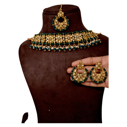 Alloy gold plated Jadau  kundan with green pearl necklace choker set for women n girls