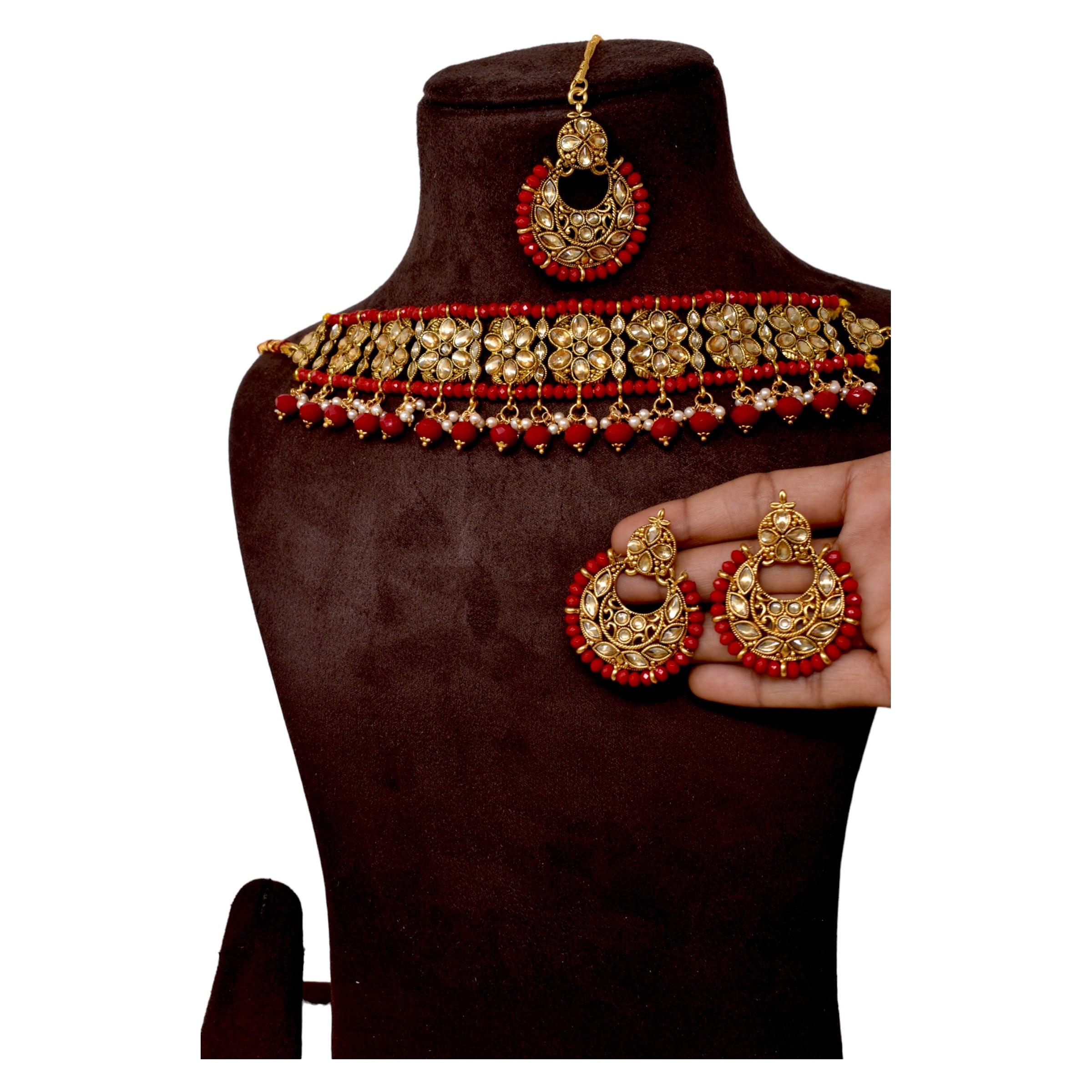 Alloy gold plated Jadau  kundan with Red pearl necklace choker set for women n girls