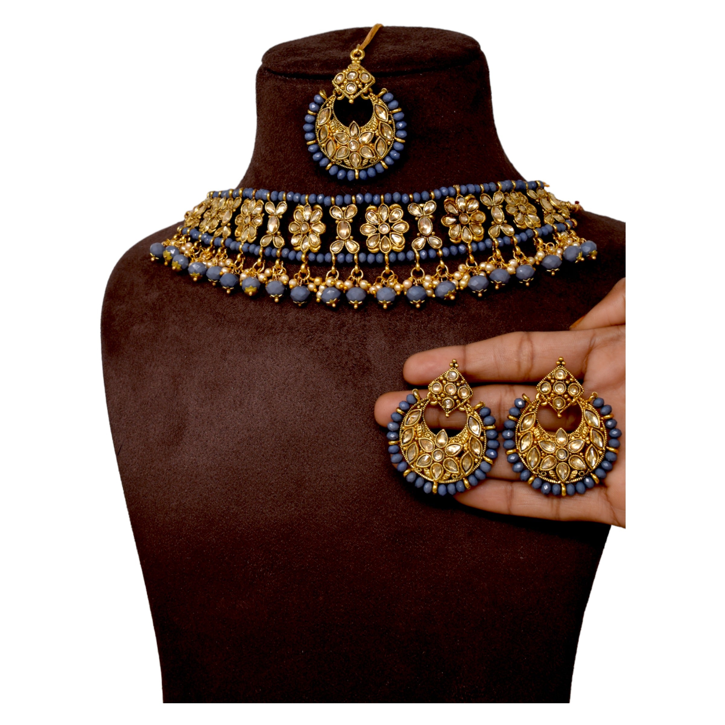 Alloy gold plated Jadau  kundan with Grey pearl necklace choker set for women n girls